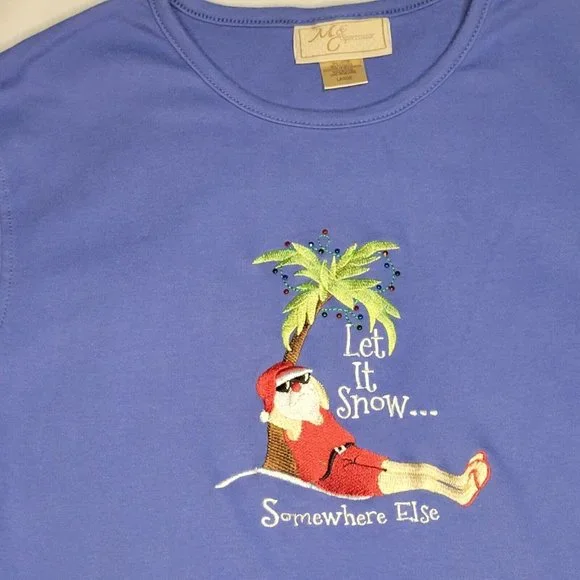 Santa On a Beach Christmas "Let It Snow Somewhere Else" Blue Longsleeve Lg Shirt - Picture 1 of 13